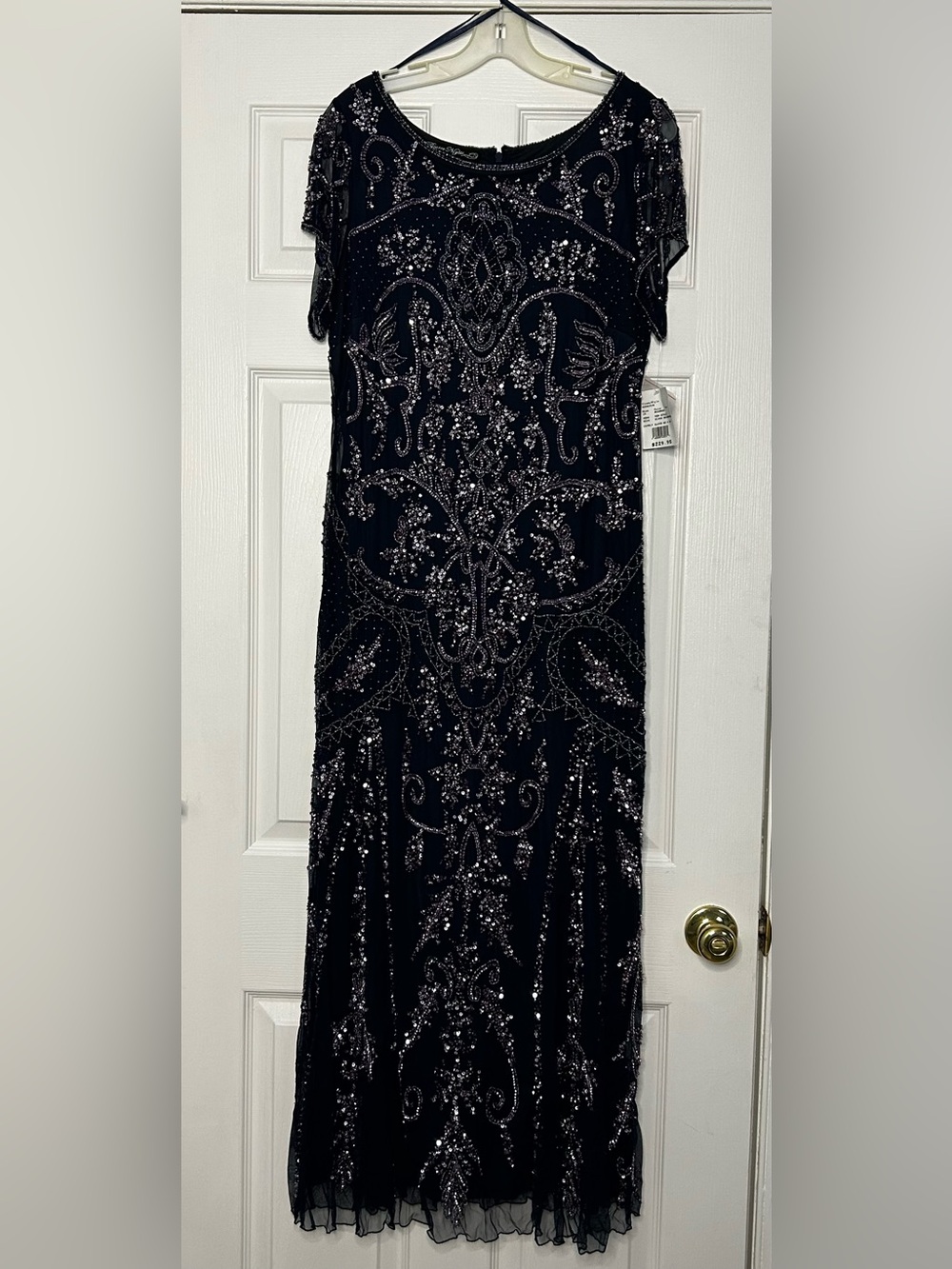 NWT Pizarro Nights Navy Bead and Sequin Embellished Scoopneck Mesh Gown, sz 14 - Picture 3 of 15